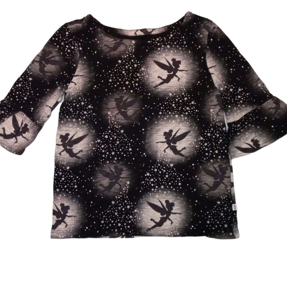 Girls M Gap Disney Tinkerbell Print Black Silver Top w 3/4 Sleeves